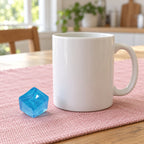 Mini Jelly Ice Cube Squishy, 2.5 cm (blue), next to a coffee mug for size comparison