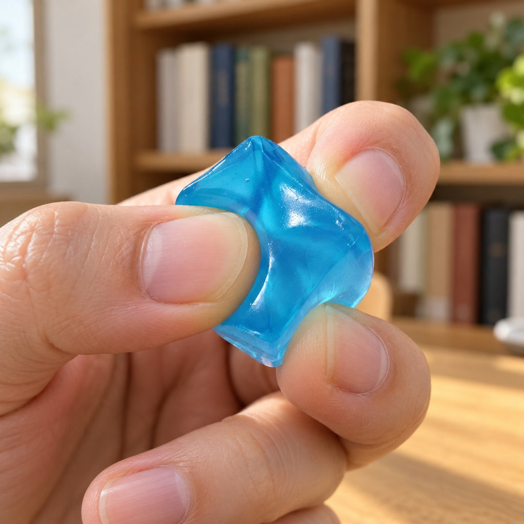 Mini Jelly Ice Cube Squishy, 2.5 cm (blue), being squeezed by hand, soft and squishy