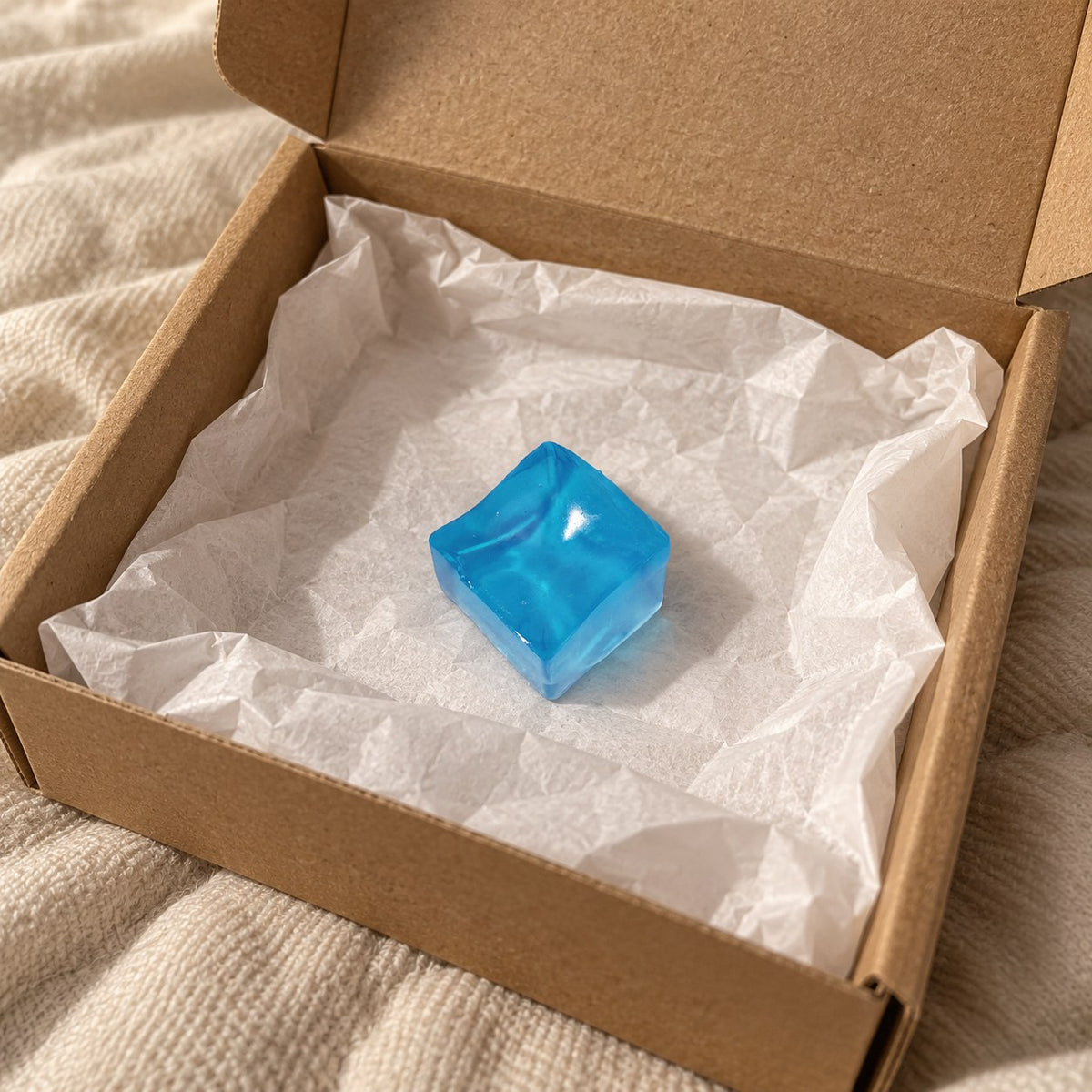 Ice cube squishy mini (blue), unboxed from a parcel with tissue paper