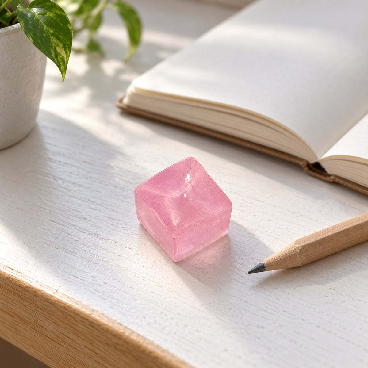 Mini Jelly Ice Cube Squishy, 2.5 cm (pink), on a desk with a notebook and pencil