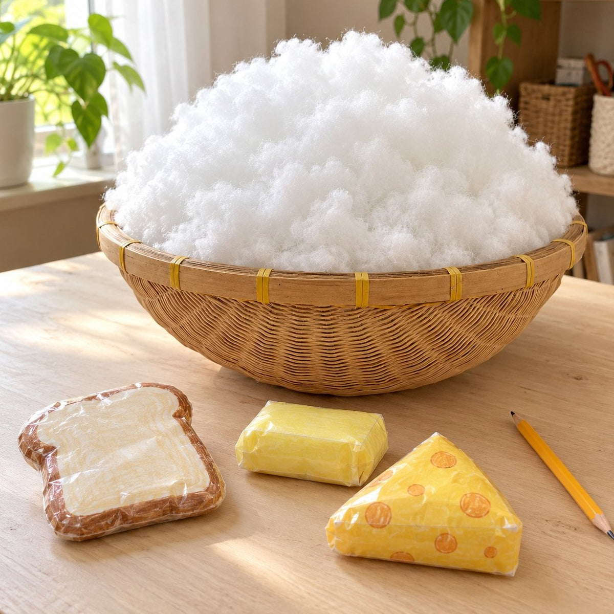 Imbottitura squishy di carta: 1 kg di ovatta in un cestino accanto agli squishy