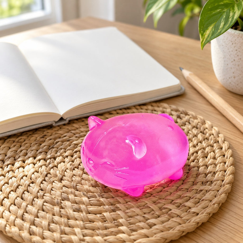 Jelly cat squishy maltose (Rose red), on a desk with a notebook and pencil