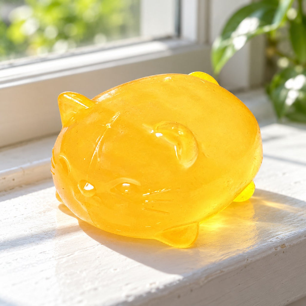Jelly Cat Squishy, Clear Maltose (yellow), on a sunny windowsill