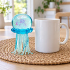 Jellyfish Squishy with Glitter, Soft TPR (blue), next to a coffee mug for size comparison