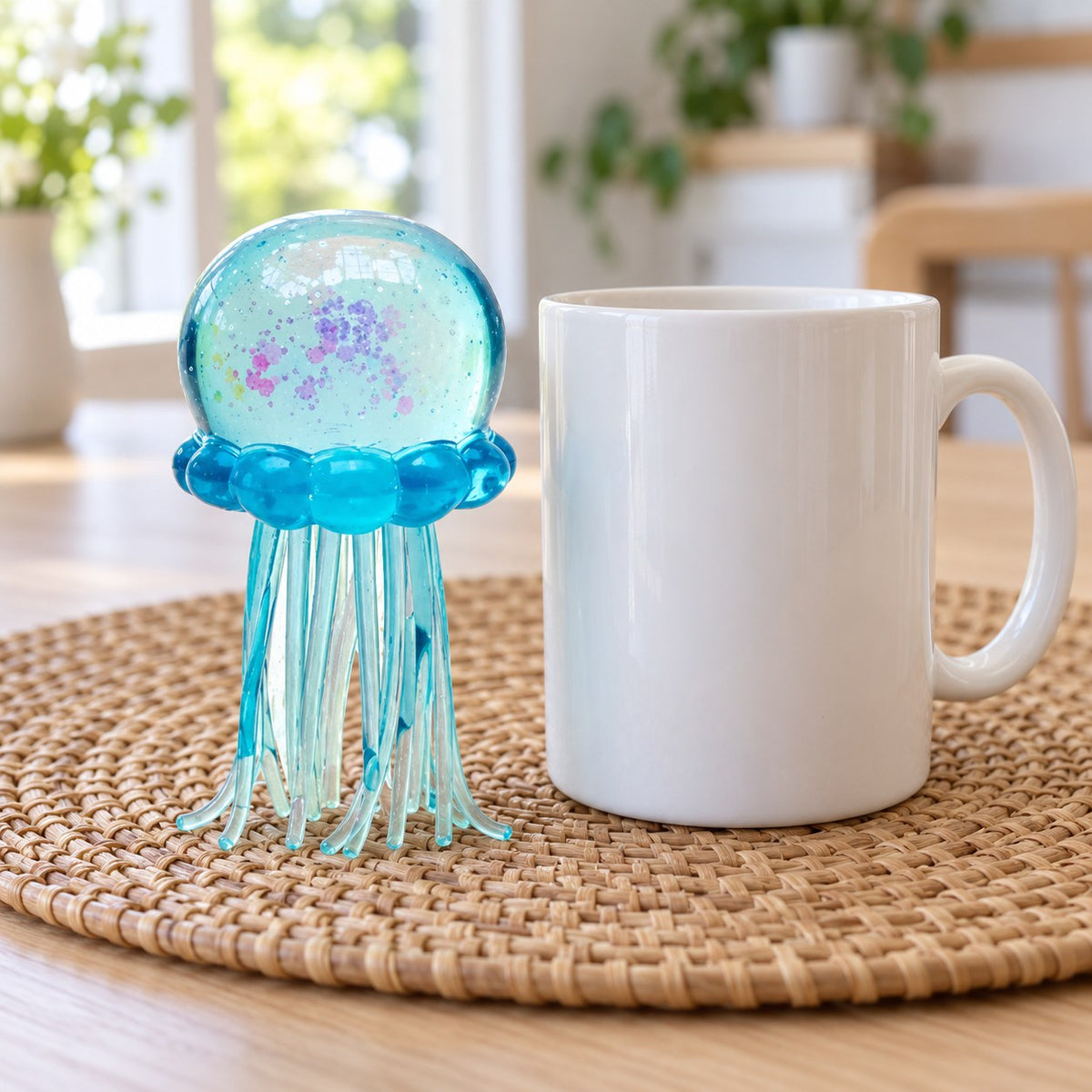 Jellyfish Squishy with Glitter, Soft TPR (blue), next to a coffee mug for size comparison