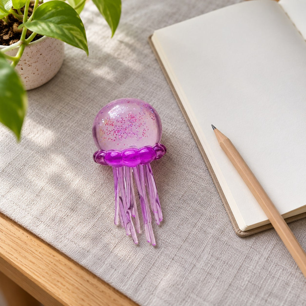 Jellyfish Squishy with Glitter, Soft TPR (purple), on a desk with a notebook and pencil