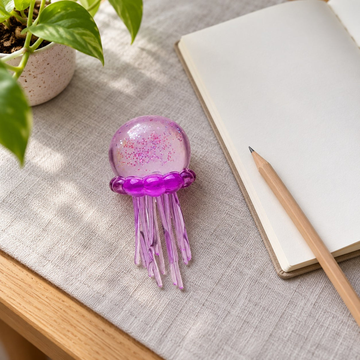Jellyfish Squishy with Glitter, Soft TPR (purple), on a desk with a notebook and pencil