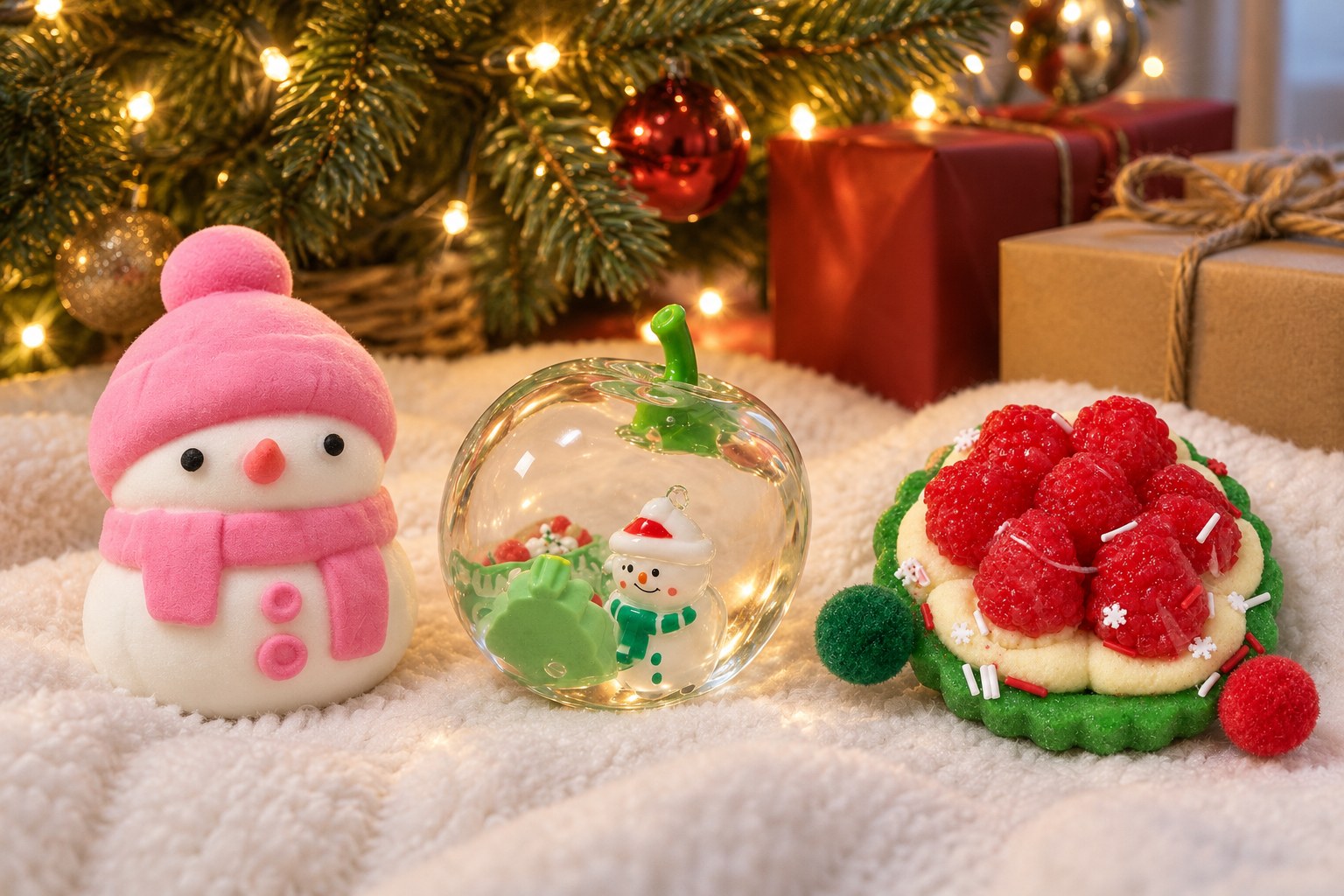 Julsquishy: snögubbe, klart äpple med snögubbe inuti och hallontartelett under en tänd julgran bredvid paket