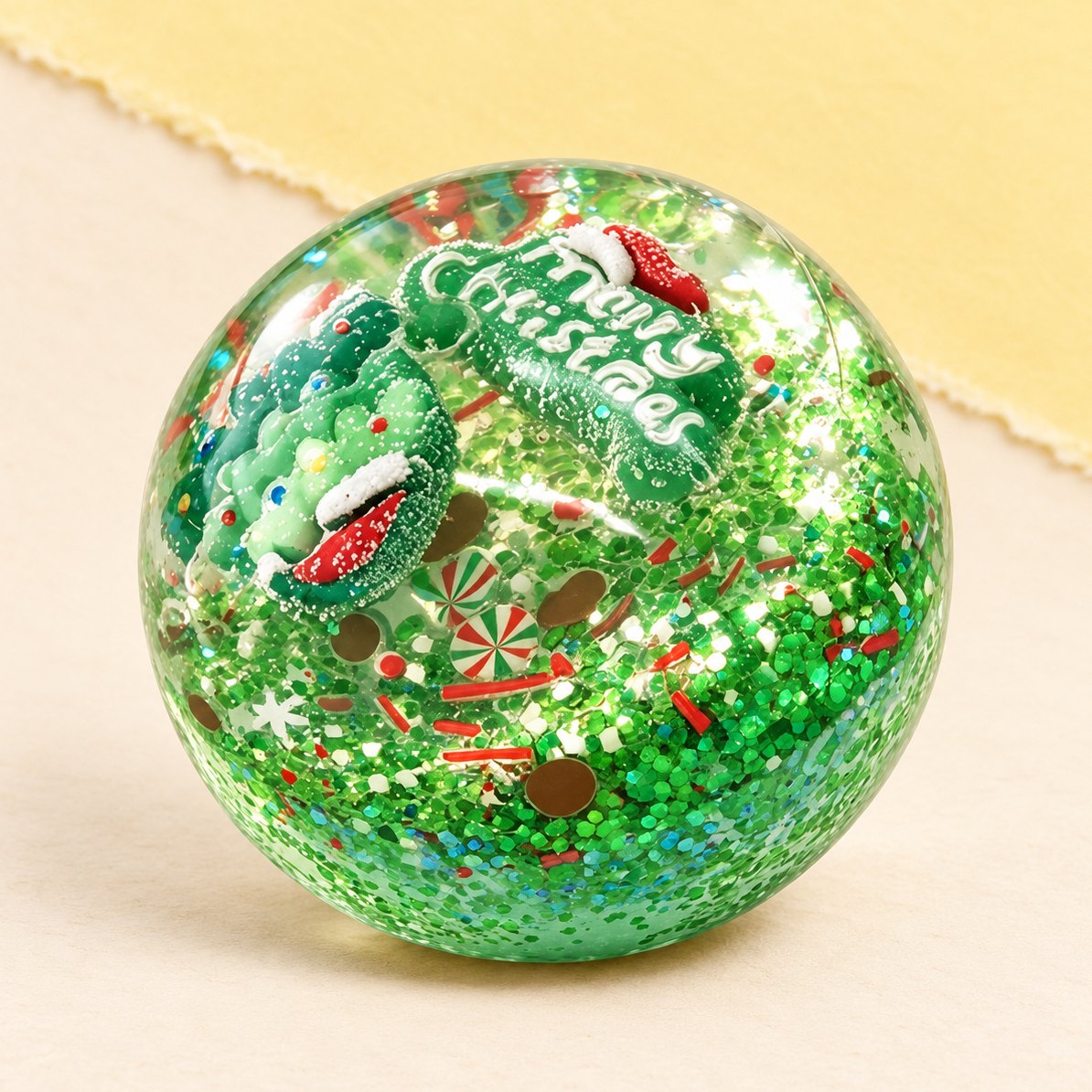 Grøn julekugle-squishy med snefnug i gaveæske, 6,5 cm, produktfoto på pastelfarvet papir