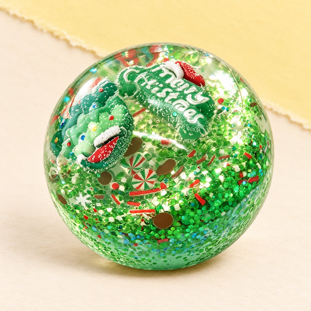 Julkula squishy med kokosolja i presentask, 6,5 cm, grön med snöflinga, på pastellpapper