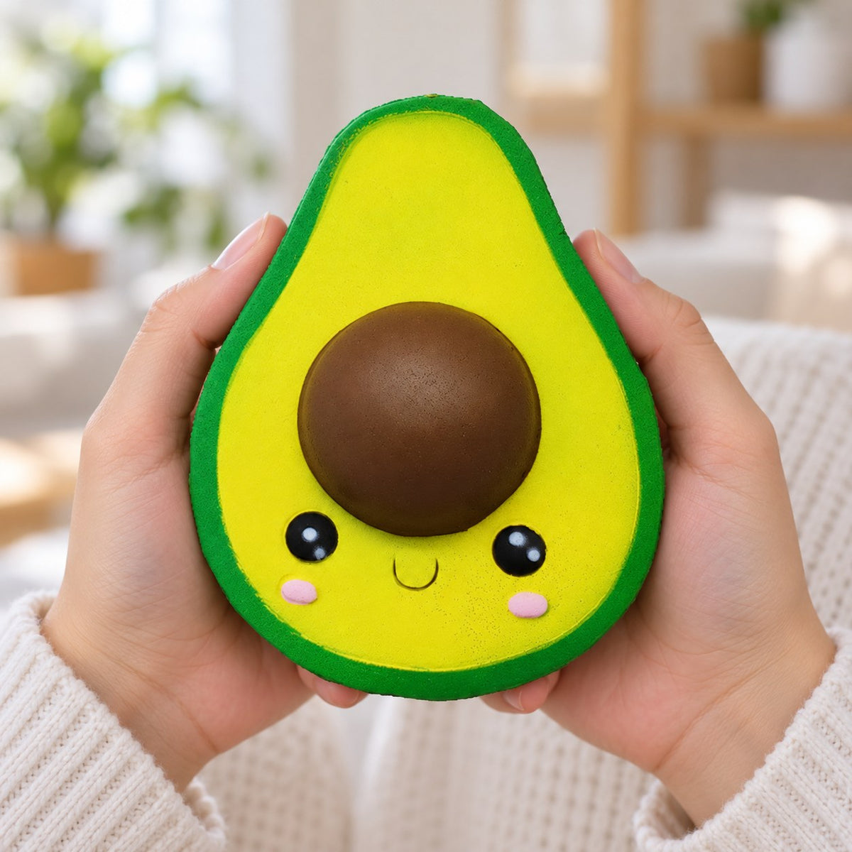 Jumbo Avocado Squishy, Kawaii, held in both hands to show the big size