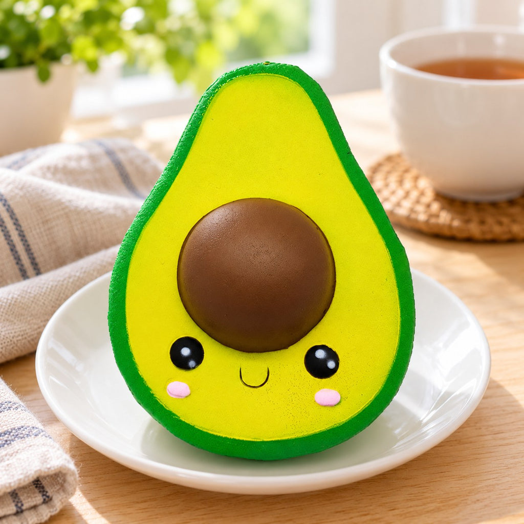 Jumbo Avocado Squishy, Kawaii, on a plate on a breakfast table