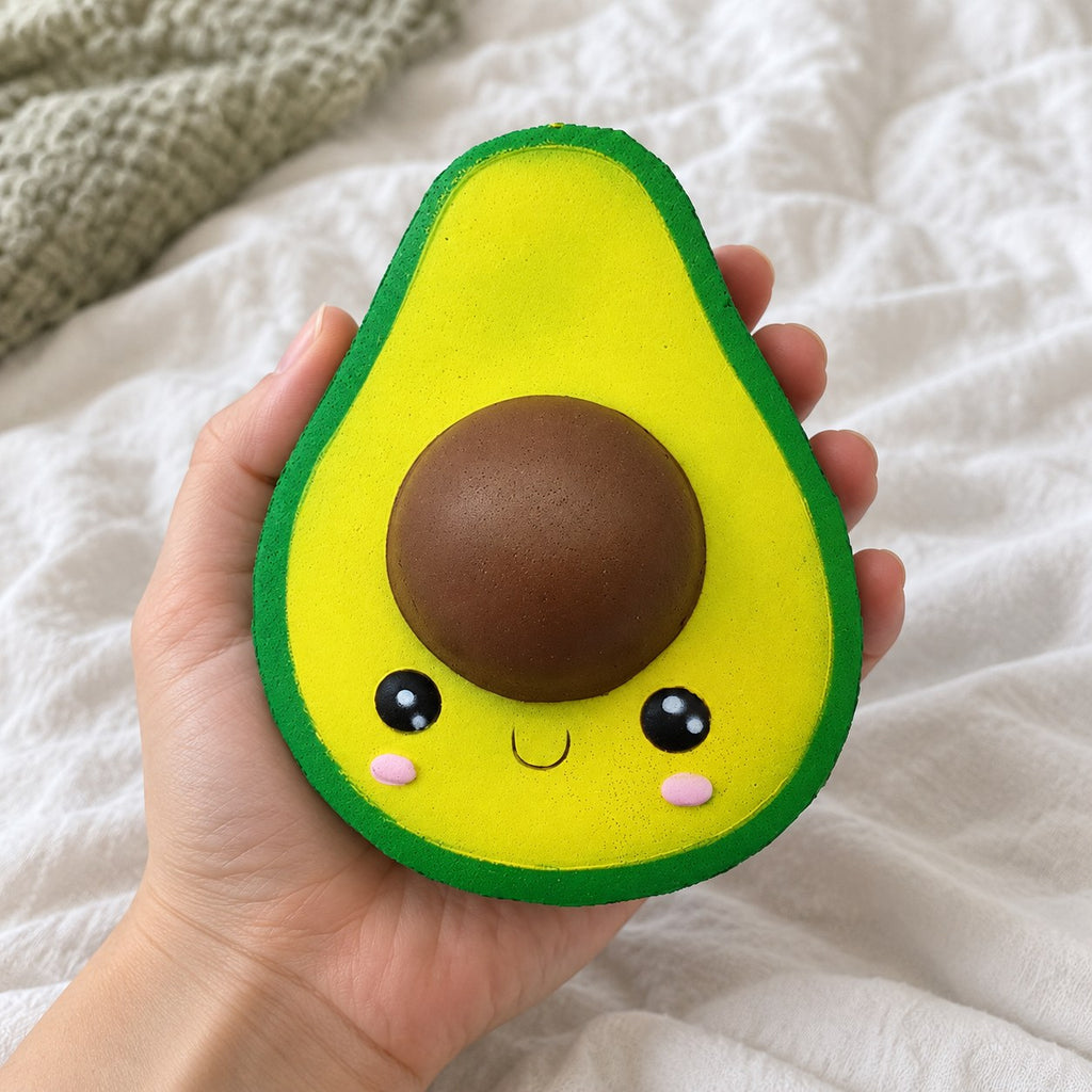 Avocado squishy jumbo, held toward the camera, first-person view