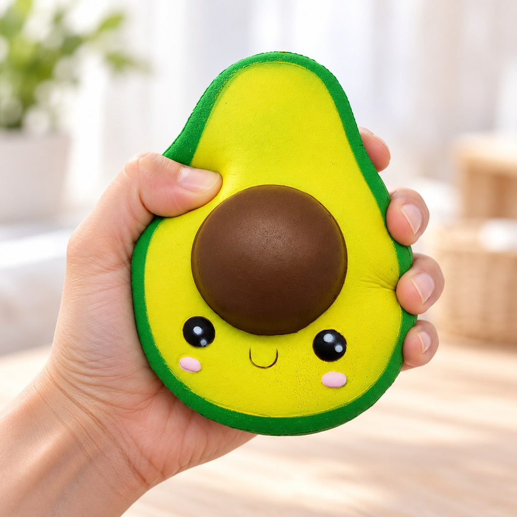 Jumbo Avocado Squishy, Kawaii, being squeezed by hand, soft and squishy