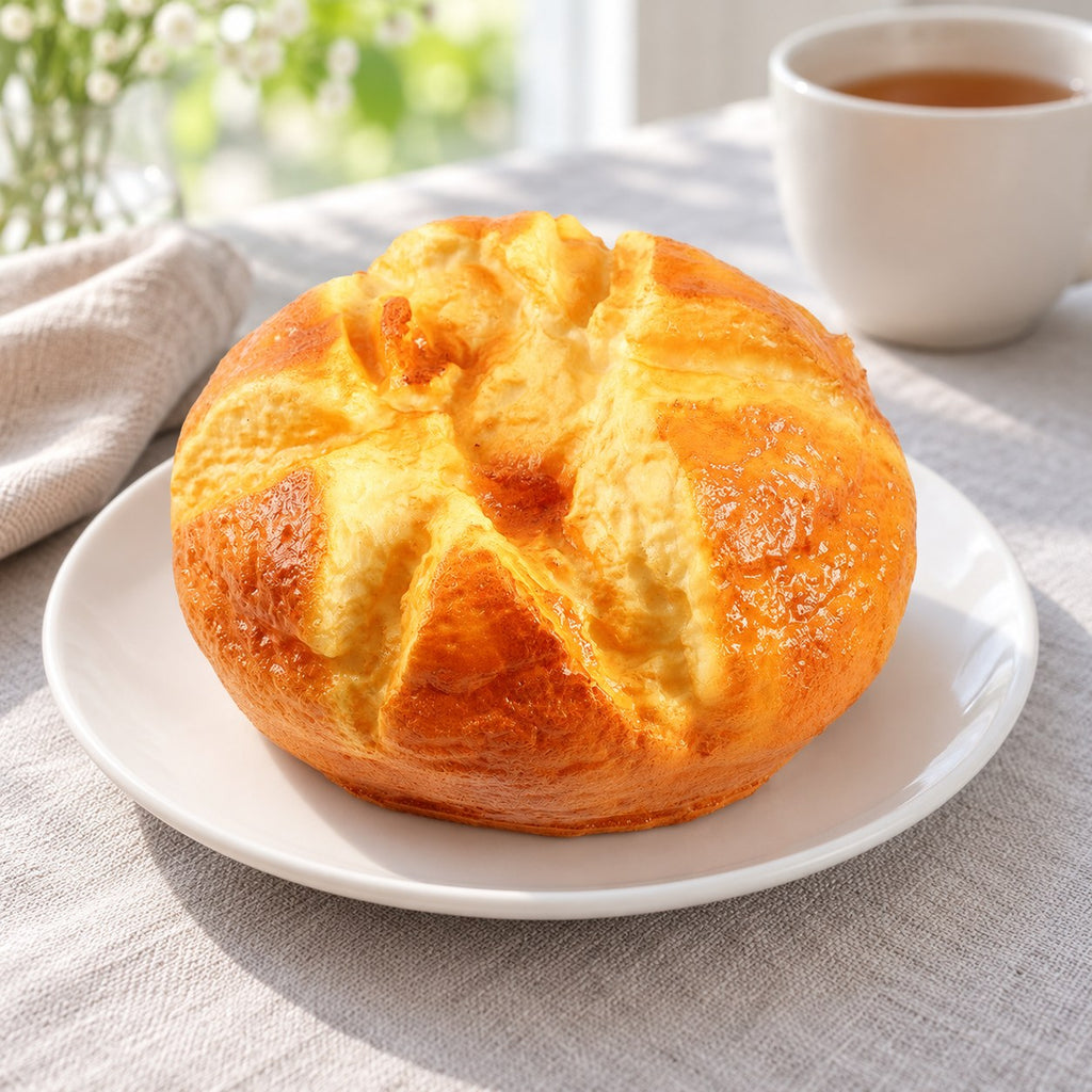 Squishy kæmpebrød, rundt brød 14,5 cm, på en tallerken på morgenbordet