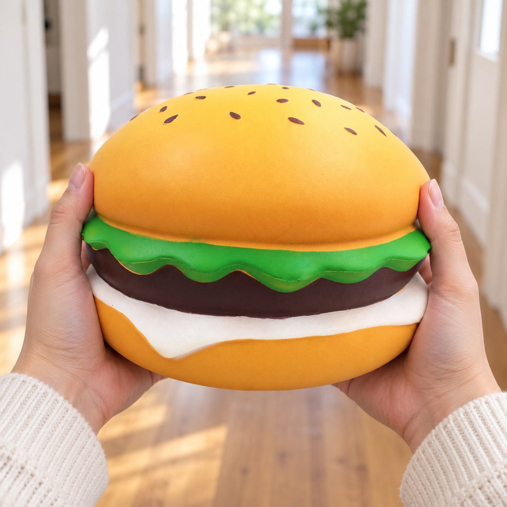 Jumbo burger squishy giant sesame burger 24 cm, held in both hands to show the big size