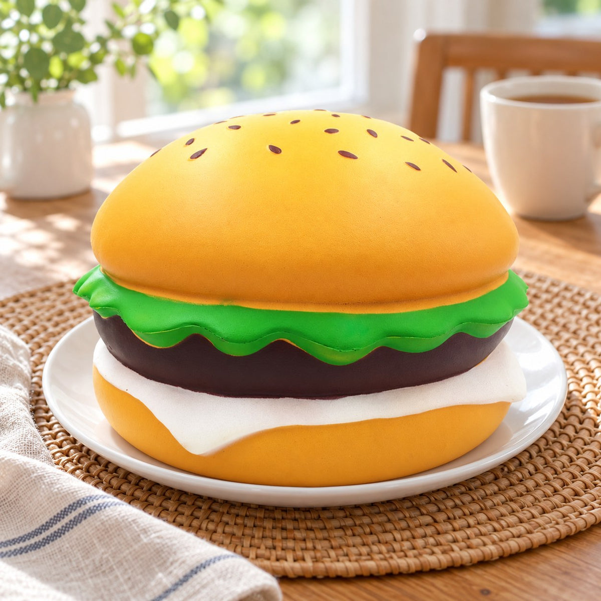 Jumbo burger squishy, on a plate on a breakfast table