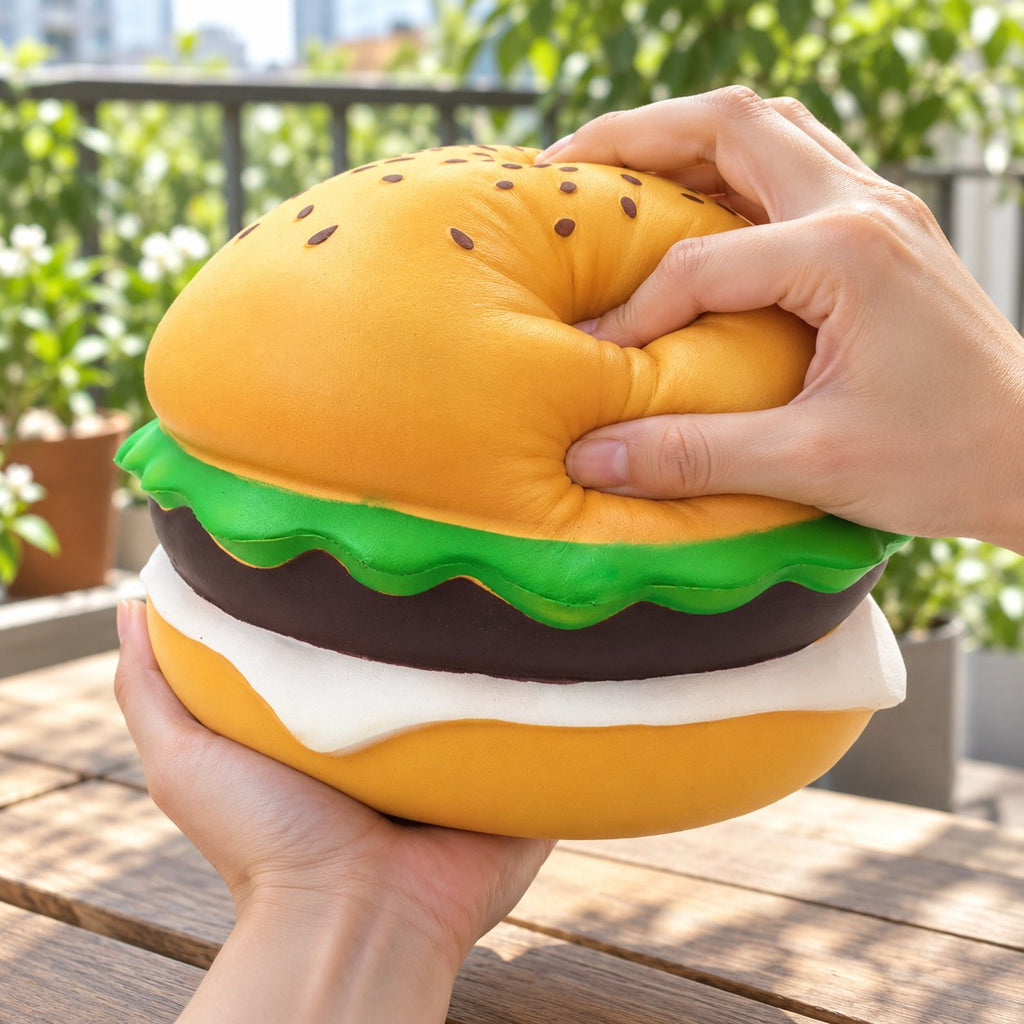 Jumbo burger squishy, being squeezed by hand, soft and squishy