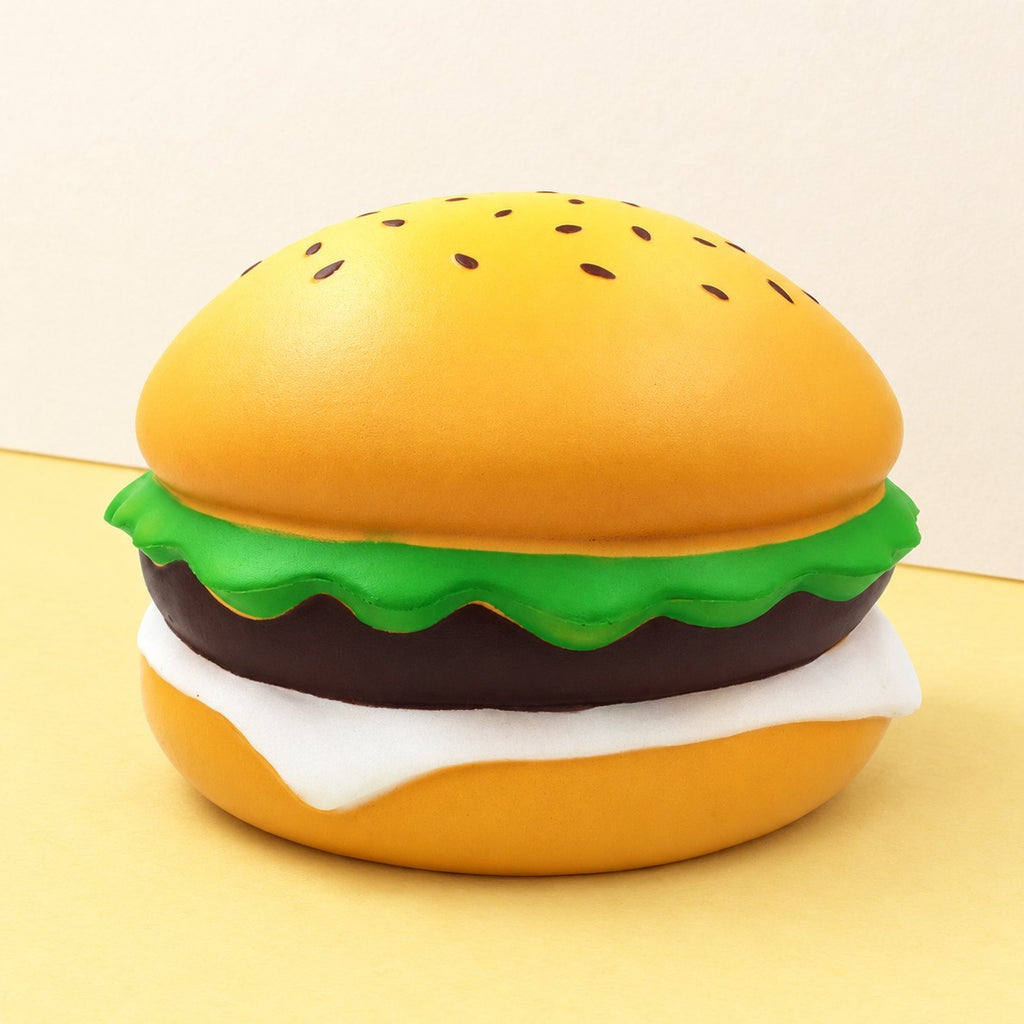 Jumbo burger squishy giant sesame burger 24 cm, product photo on pastel paper