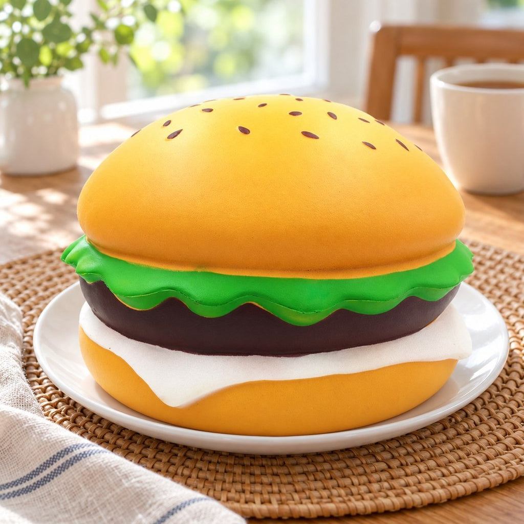 Aan de ontbijttafel op een bord: jumbo burger squishy, reuzenburger met sesam van 24 cm