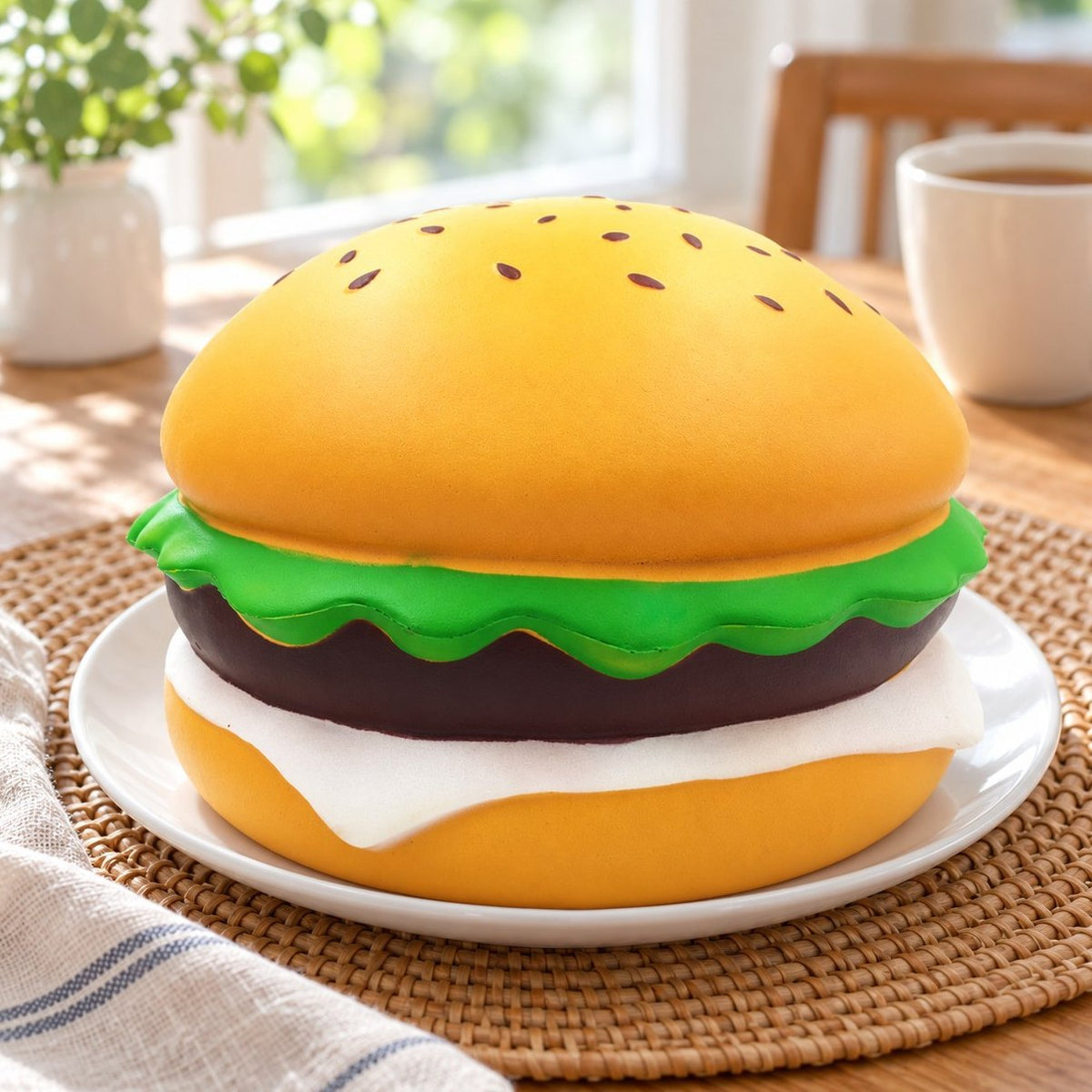 Aan de ontbijttafel op een bord: jumbo burger squishy, reuzenburger met sesam van 24 cm