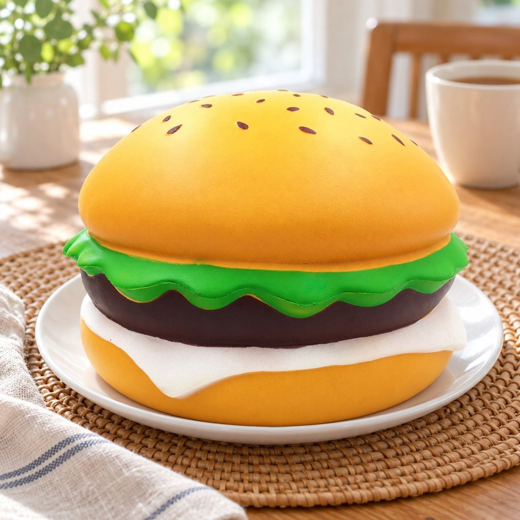 Am Frühstückstisch: Jumbo Burger Squishy als Riesen-Sesamburger mit 24 cm liegt auf dem Teller