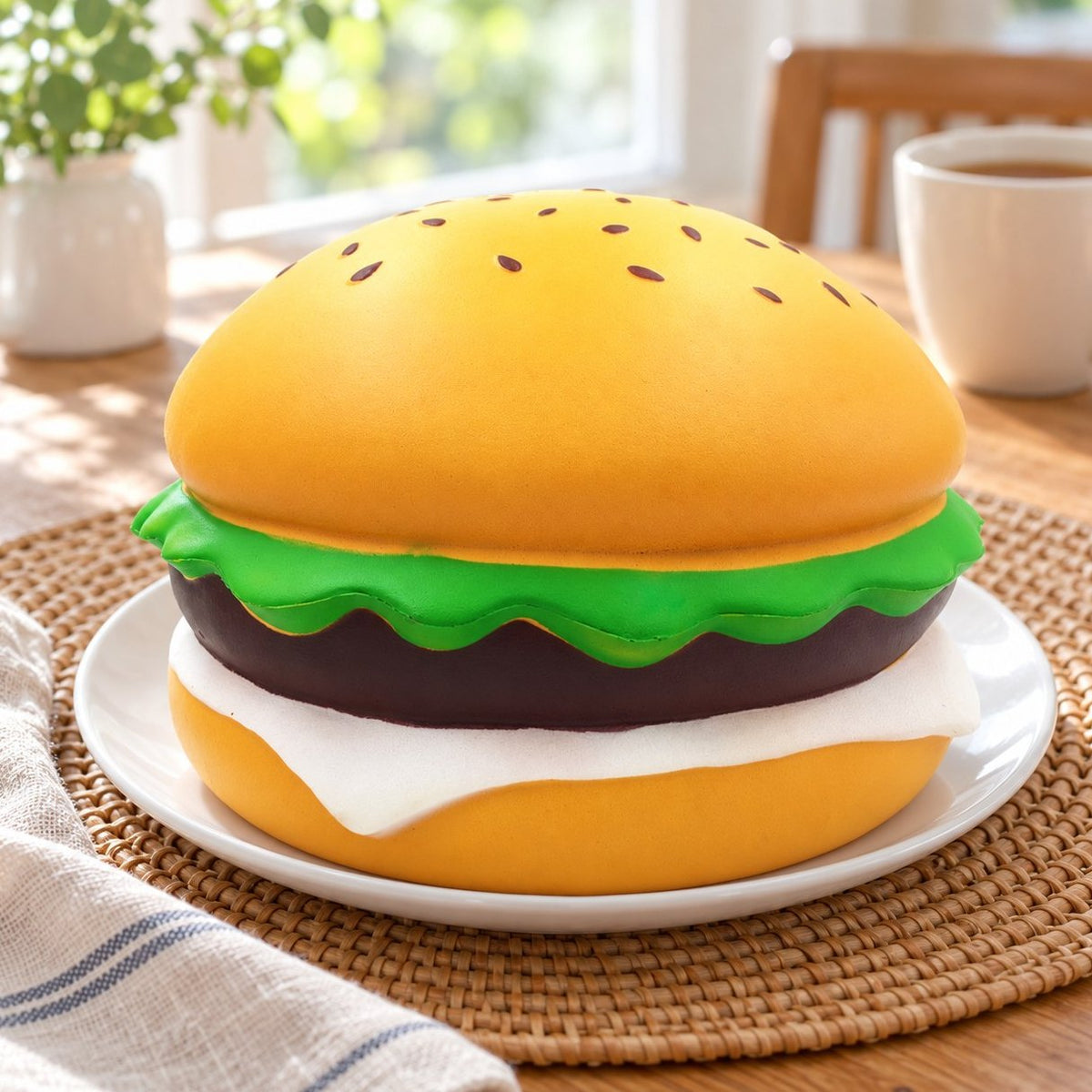 Am Frühstückstisch: Jumbo Burger Squishy als Riesen-Sesamburger mit 24 cm liegt auf dem Teller