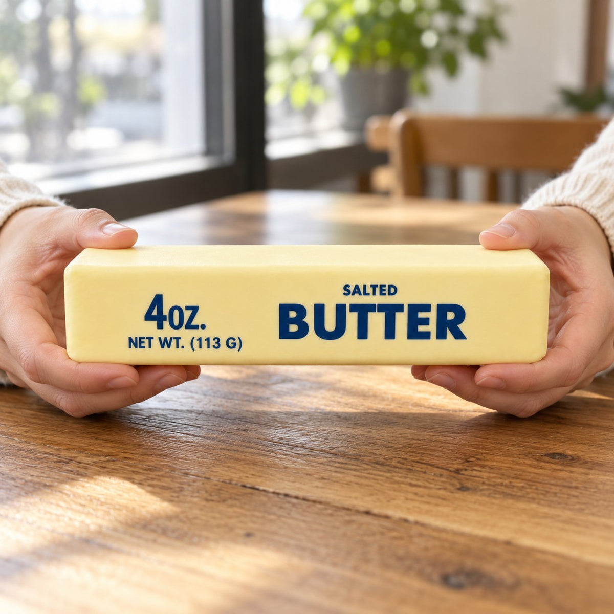 Jumbo Butter Squishy, Giant Butter Stick 24 cm, held in both hands to show the big size
