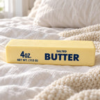 Jumbo Butter Squishy, Giant Butter Stick 24 cm, on a cozy bed with soft blankets
