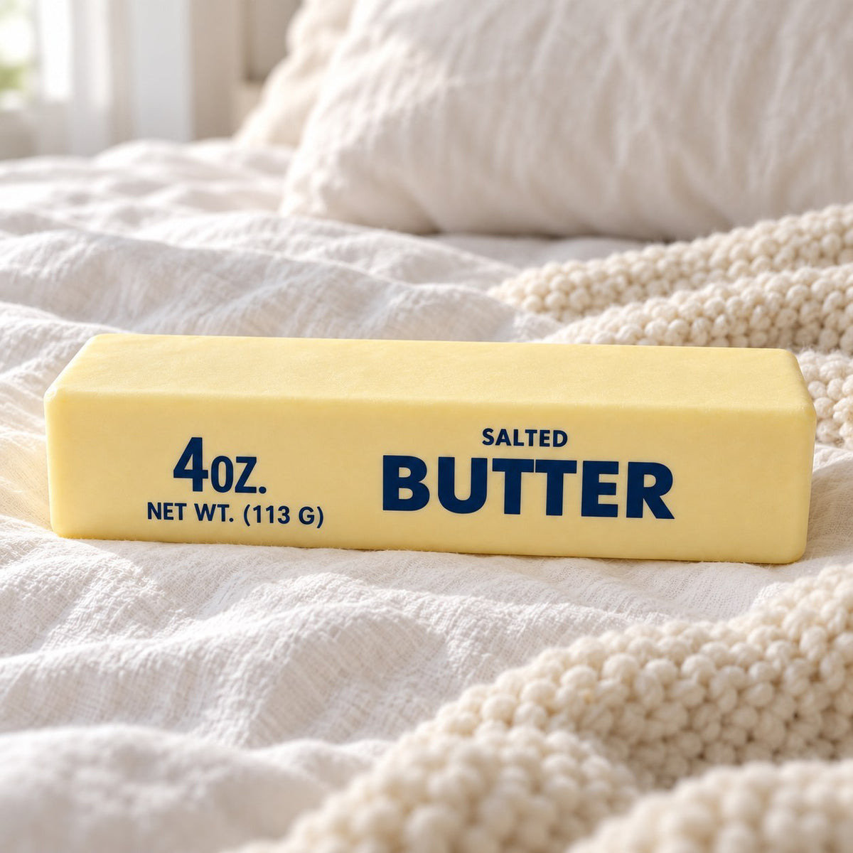 Jumbo Butter Squishy, Giant Butter Stick 24 cm, on a cozy bed with soft blankets