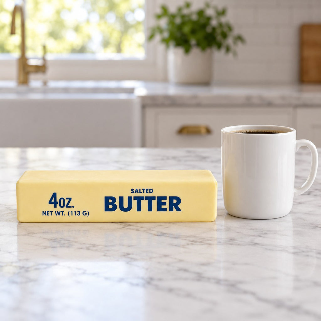 Jumbo Butter Squishy, Giant Butter Stick 24 cm, next to a coffee mug for size comparison
