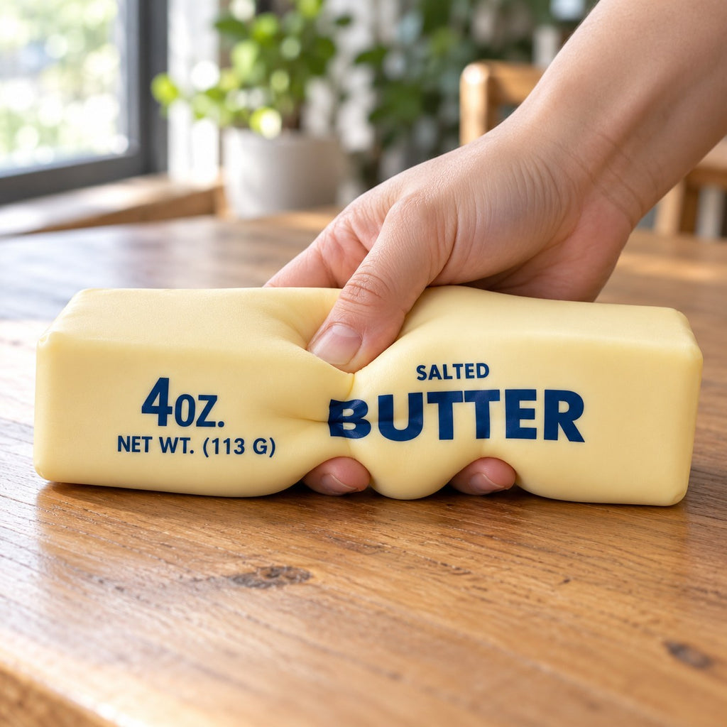 Jumbo Butter Squishy, Giant Butter Stick 24 cm, being squeezed by hand, soft and squishy