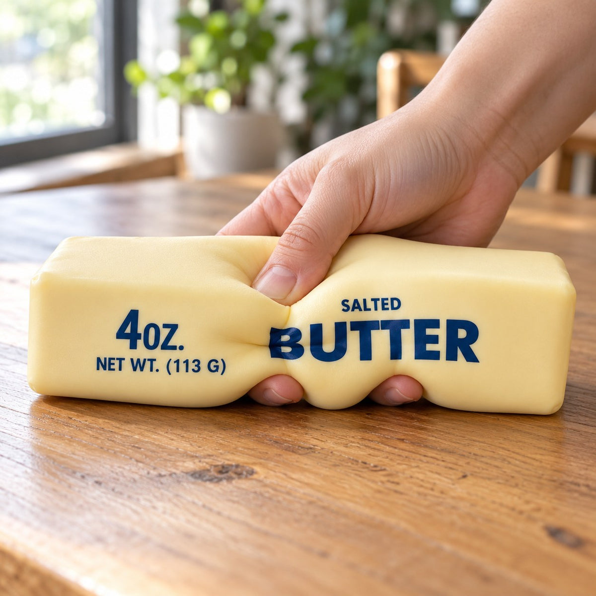 Jumbo Butter Squishy, Giant Butter Stick 24 cm, being squeezed by hand, soft and squishy