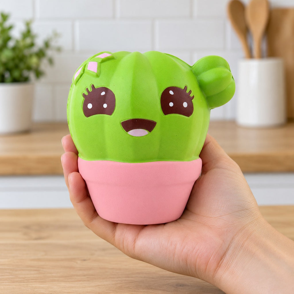 Jumbo Cactus Squishy, Kawaii, held in a hand to show the real size
