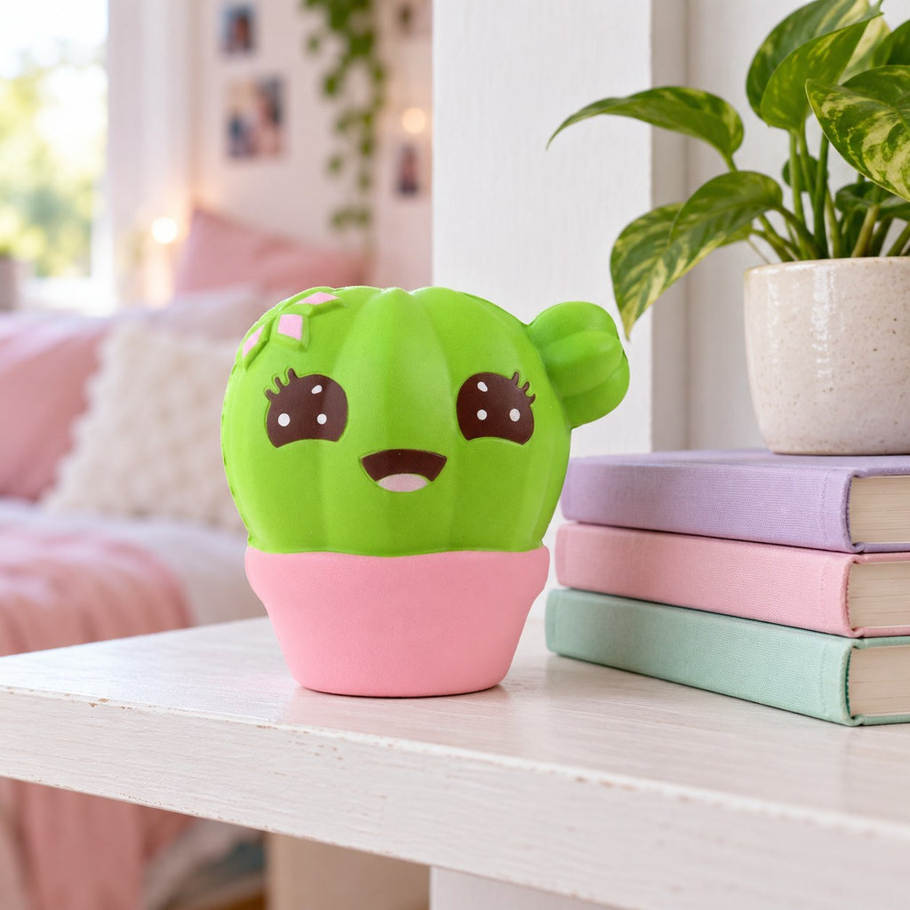 Cactus squishy jumbo, on a shelf with books and a plant as room decor