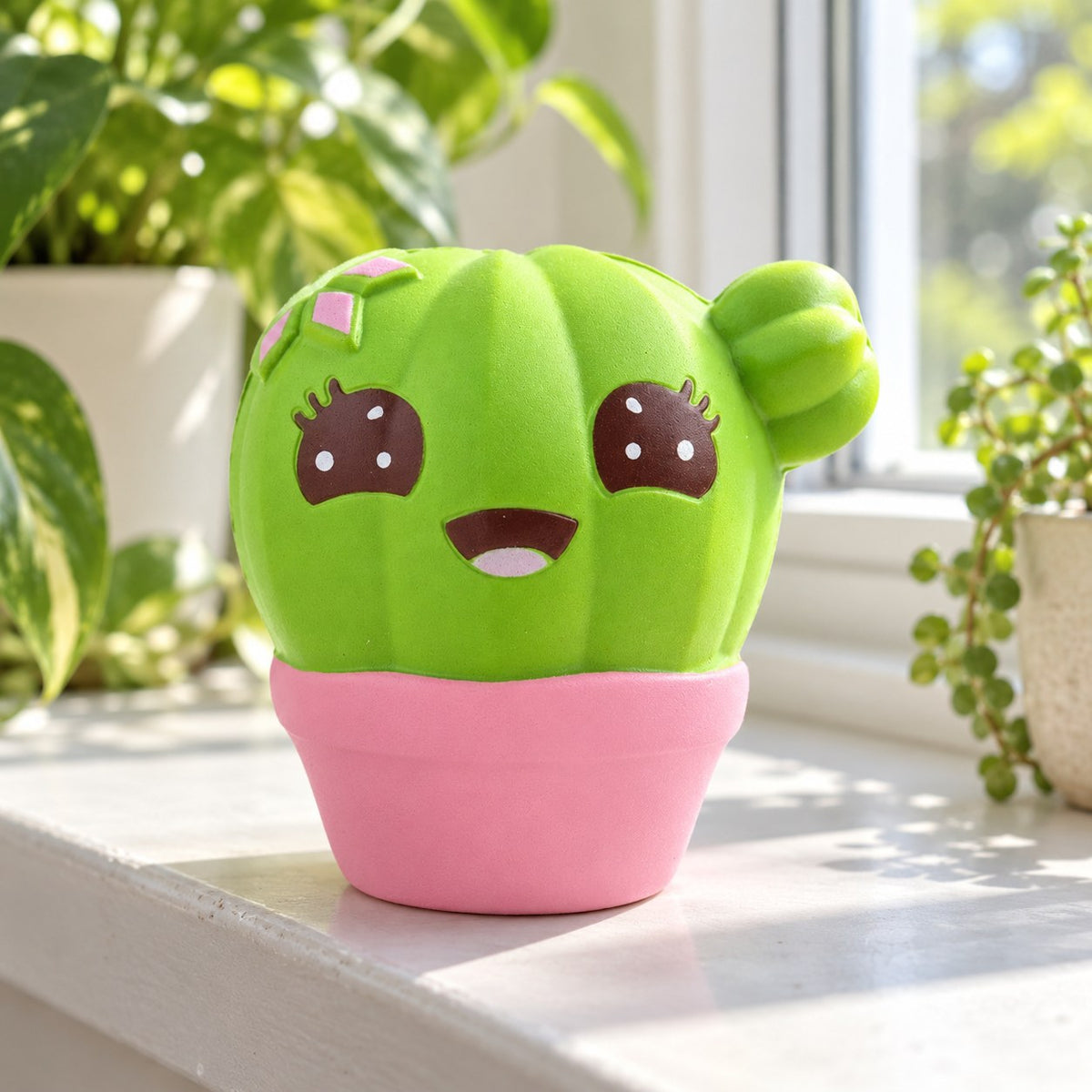 Jumbo Cactus Squishy, Kawaii, on a sunny windowsill