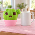 Jumbo Cactus Squishy, Kawaii, next to a coffee mug for size comparison