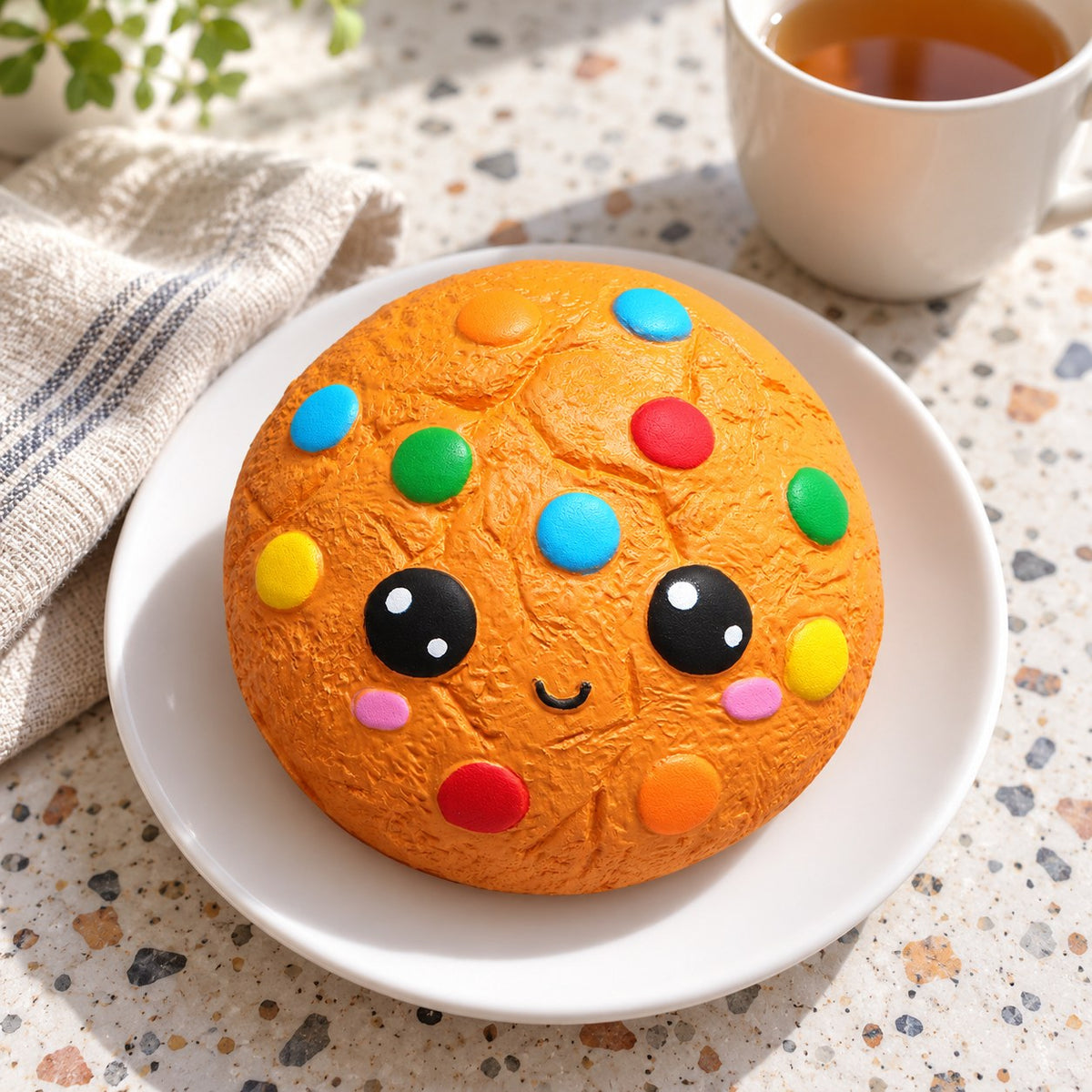 Jumbo Candy Cookie Squishy, Kawaii, on a plate on a breakfast table