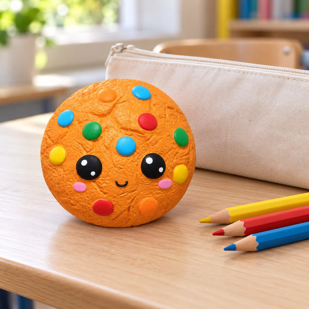 Candy cookie squishy, on a school desk next to a pencil case