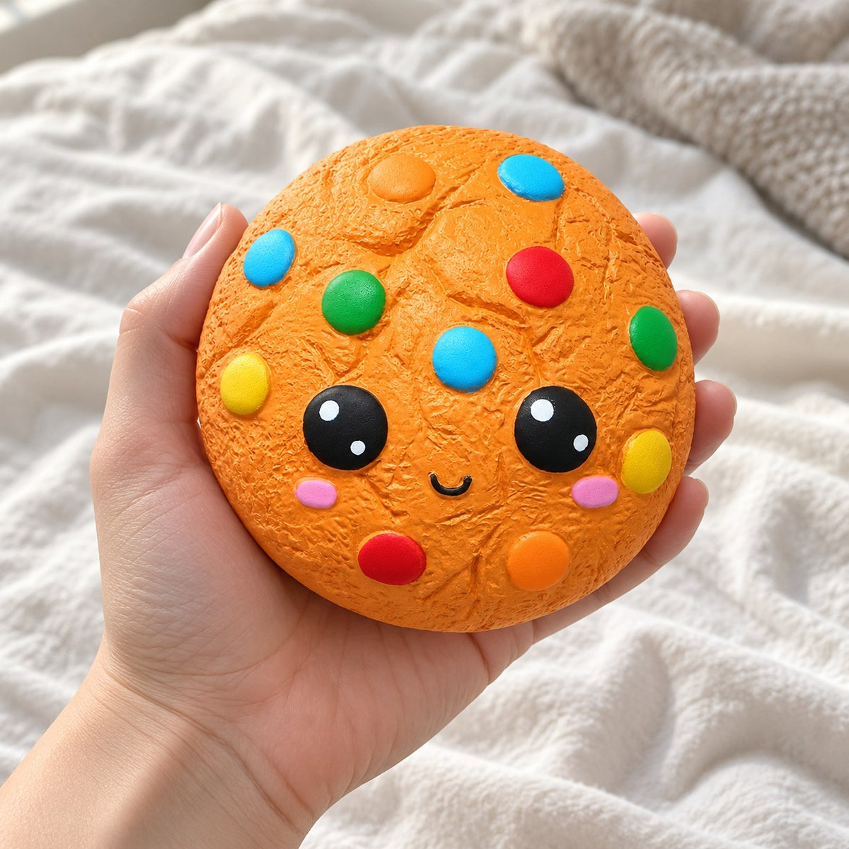 Candy cookie squishy, held toward the camera, first-person view