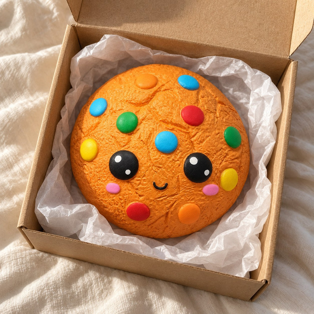 Candy cookie squishy jumbo, unboxed from a parcel with tissue paper