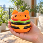 Jumbo Cat Burger Squishy, Orange, held in a hand to show the real size