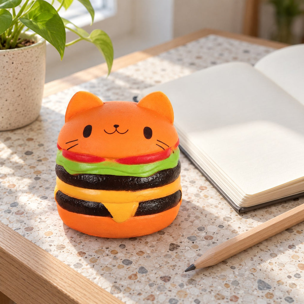 Jumbo Cat Burger Squishy, Orange, on a desk with a notebook and pencil