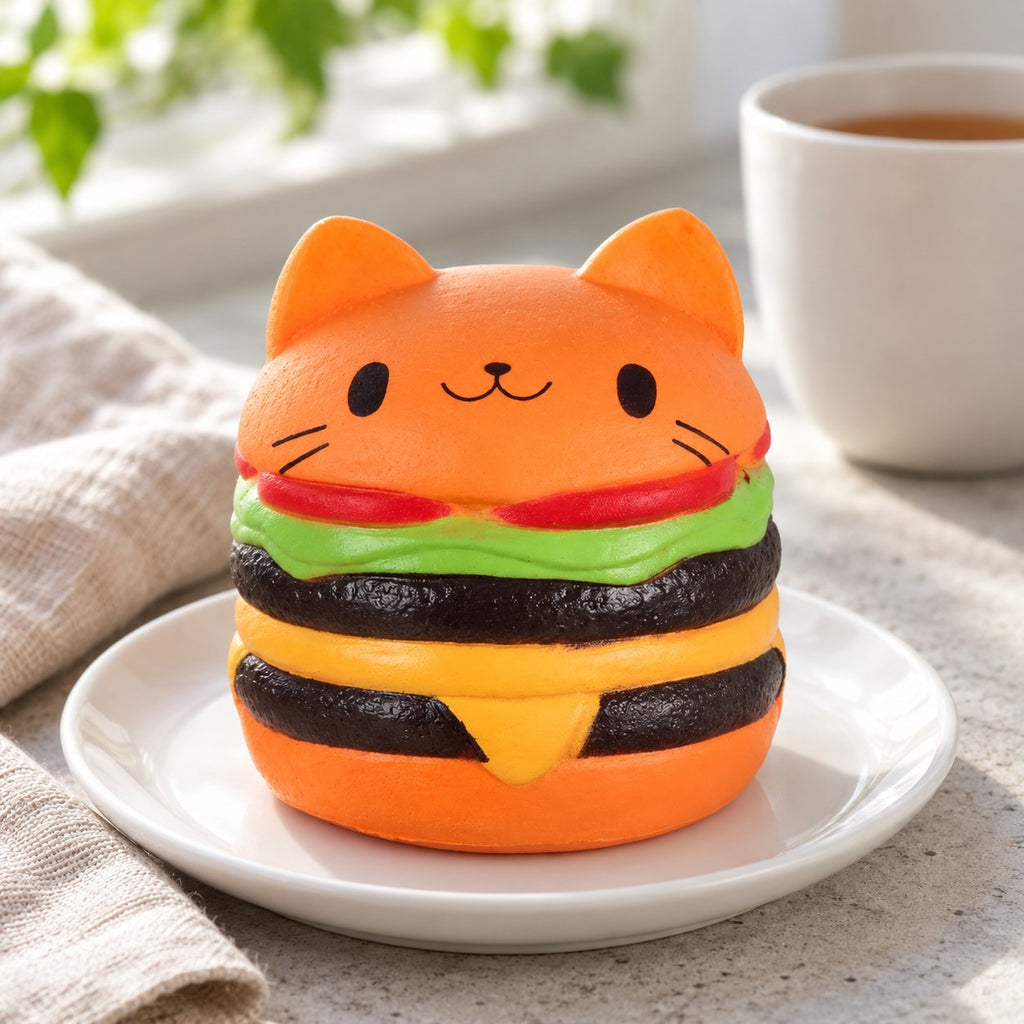 Jumbo Cat Burger Squishy, Orange, on a plate on a breakfast table
