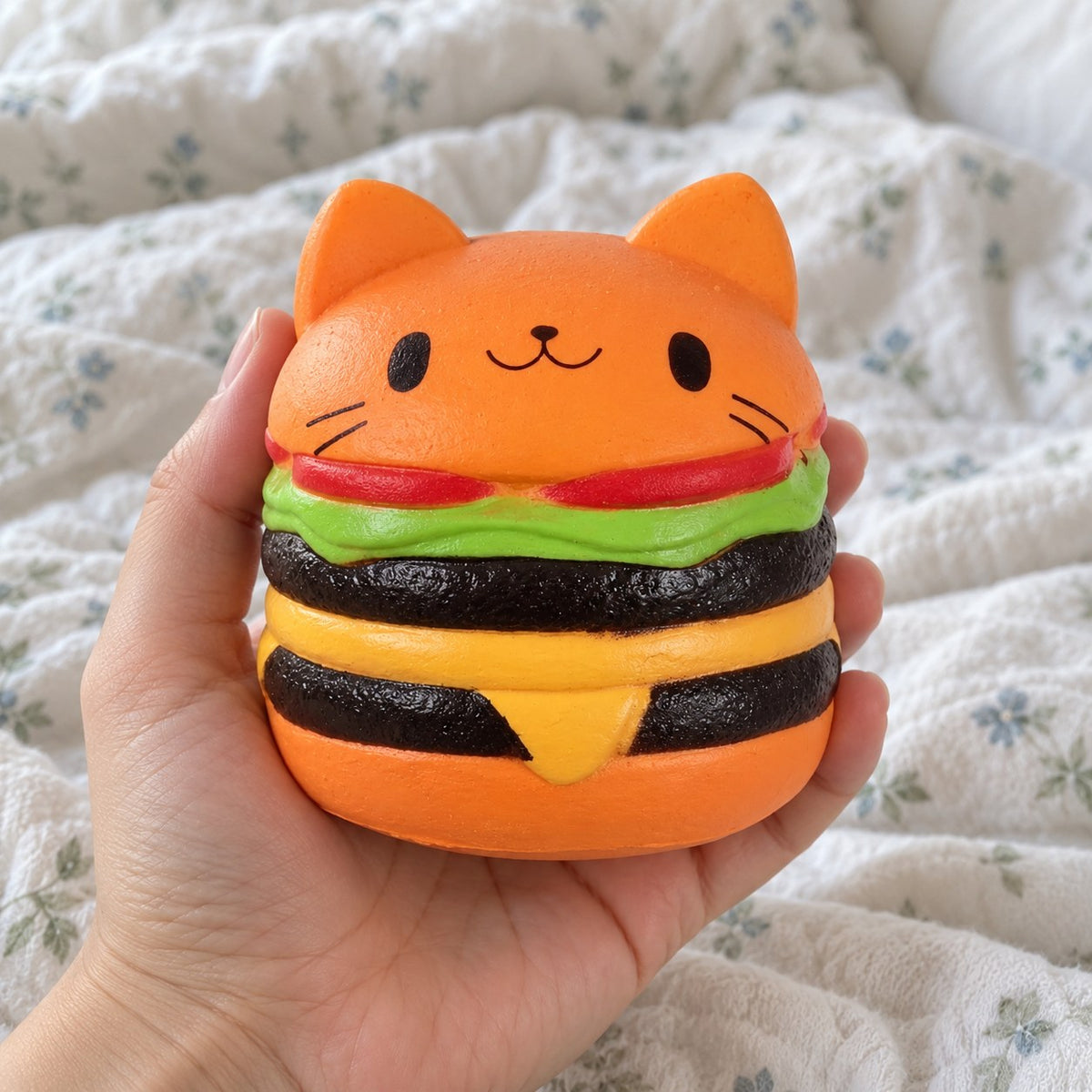 Burger squishy jumbo, held toward the camera, first-person view
