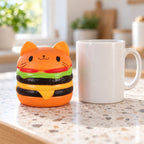 Jumbo Cat Burger Squishy, Orange, next to a coffee mug for size comparison