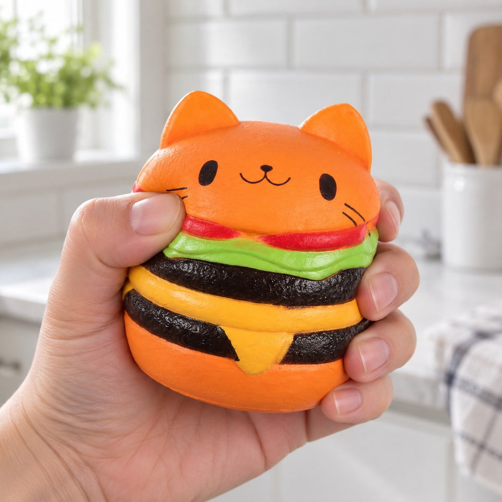 Jumbo Cat Burger Squishy, Orange, being squeezed by hand, soft and squishy