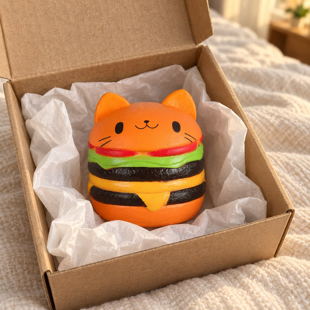 Burger squishy, unboxed from a parcel with tissue paper