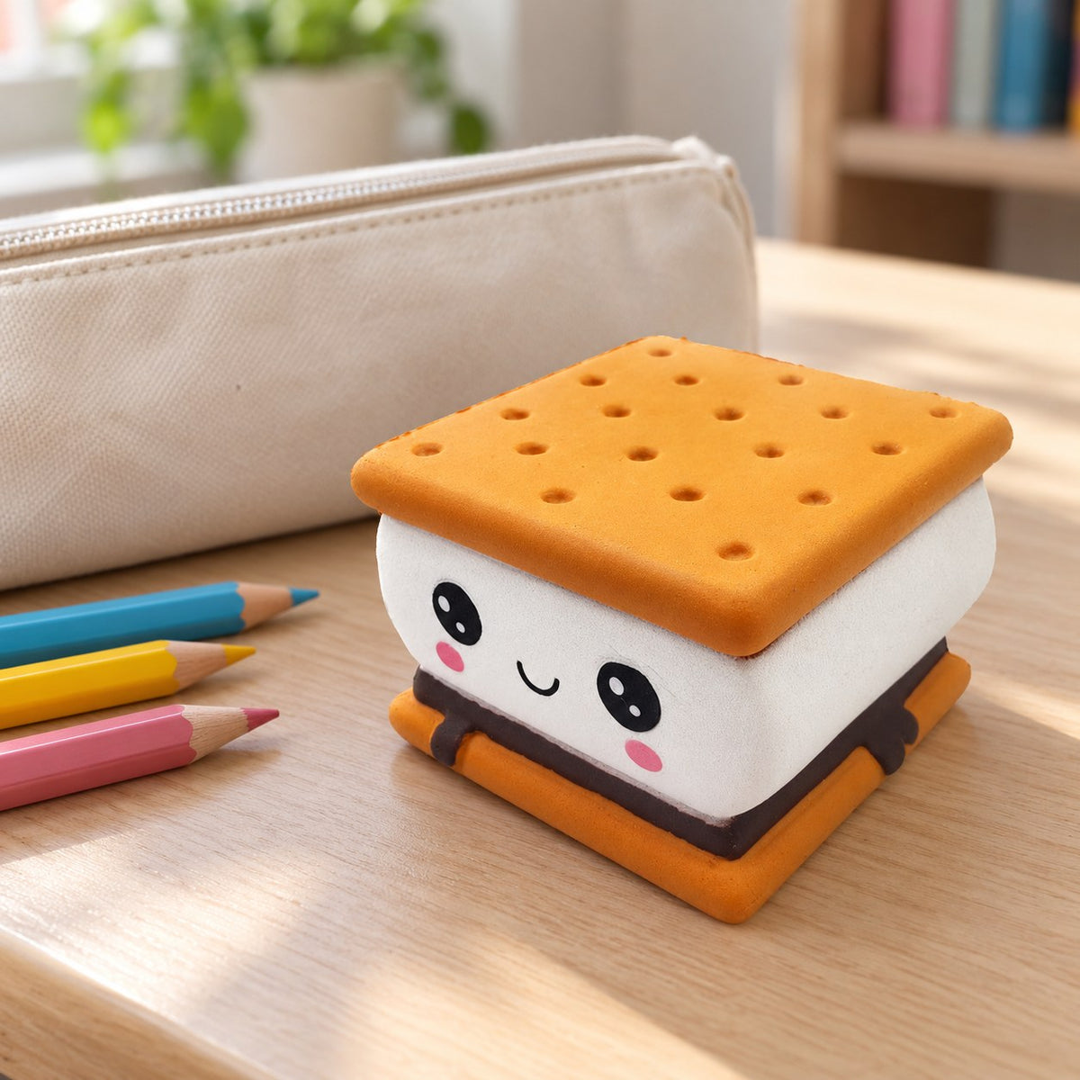 Cookie squishy jumbo, on a school desk next to a pencil case