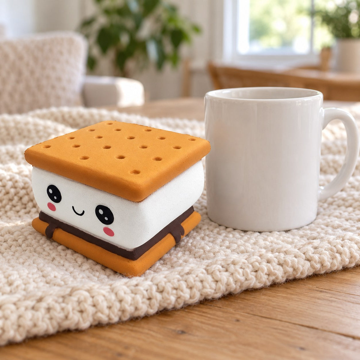 Jumbo Cookie Sandwich Squishy, Kawaii, next to a coffee mug for size comparison